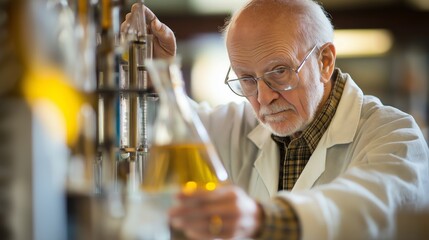 Senior scientist conducting experiments in a laboratory while analyzing chemical reactions