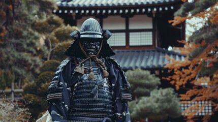 Naklejka premium A warrior clad in traditional samurai armor stands solemnly amidst a peaceful Japanese garden, embodying a timeless sense of honor and strength.