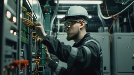 A technician in safety gear adjusts wires on a complex industrial control panel, surrounded by machinery and illuminated by overhead lights.