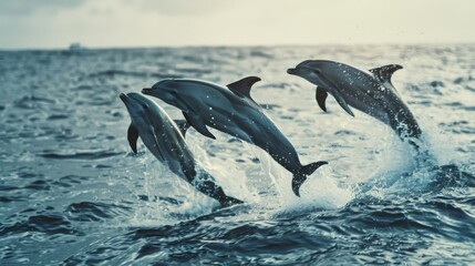 Obraz premium Three dolphins leap gracefully out of the ocean water, showcasing their elegance and playful nature amidst the vast sea.