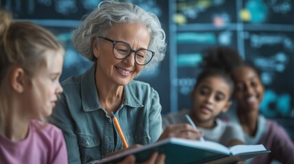 Senior teacher mentoring diverse group of students in a classroom, promoting education and intergenerational learning