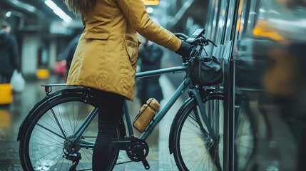 Naklejka premium A cyclist locking their bicycle at a secure parking facility before boarding a subway, highlighting the convenience of mixedmode commuting Bicycle Commute Transit, Secure parking