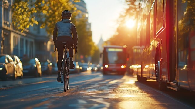 A cyclist effortlessly transitioning from a bicycle lane to a bus, integrating multiple modes of transit for a seamless commute Bicycle Commute Transit, Multimodal integration