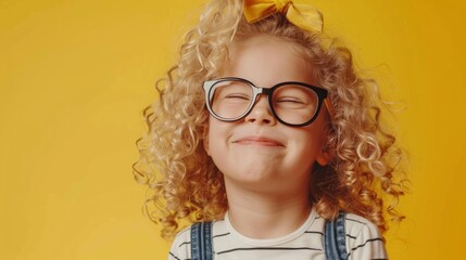 Obraz premium A cheerful, curly-haired child with oversized glasses and a yellow bow grins broadly, radiating happiness against a yellow backdrop.