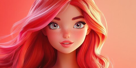 Obraz premium Vibrant 3D Cartoon Portrait of a Girl with Stunning Hair Trendy Look Shiny and Radiant Skin