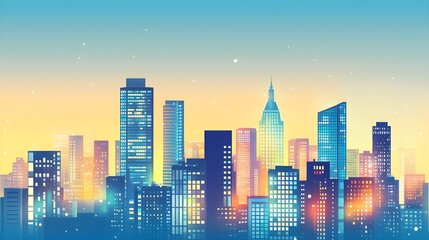 Fototapeta premium Cityscape at Dusk, Vibrant Buildings, Urban Skyline