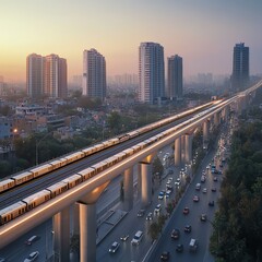 Fototapeta premium A metro bridge spanning a bustling highway, with dedicated compartments for transporting goods between urban districts Metro Bridges Goods, Multilevel crossing