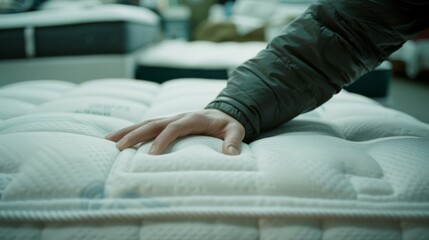 A close-up of a hand pressing down on a plush mattress, testing its softness and quality in a showroom.