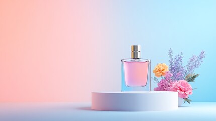 A stylish perfume bottle surrounded by colorful flowers on a pastel background, perfect for beauty and fragrance marketing.