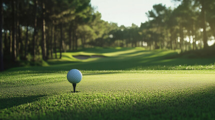 golf ball on tee in a beautiful golf course with morning sunshine.