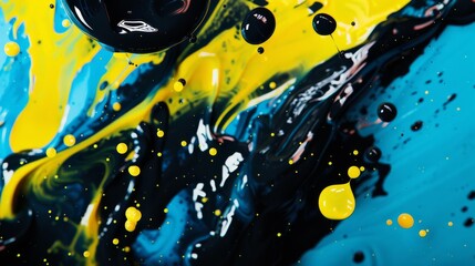 Dynamic abstract art with vibrant blue, yellow, and black paint blending and swirling, creating a captivating mix of colors and textures.