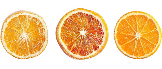 a set of three different blood orange slices isolated on transparent  background, Top view