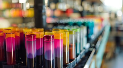 A vibrant collection of colorful liquid-filled test tubes in a laboratory setting, showcasing a spectrum of hues and scientific tools.