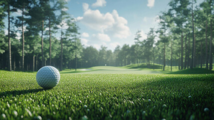 The golf ball is on a green lawn in a beautiful golf course with morning sunshine.