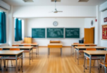 A modern classroom interior with desks, chairs, and a whiteboard in a school setting