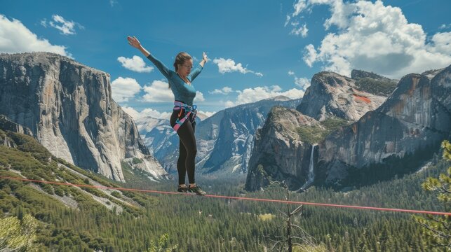 A woman walks confidently on a tightrope stretched between two cliffs, surrounded by stunning mountains and clear skies