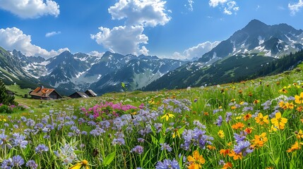Fototapeta premium Two wooden cabins sit in a lush mountain meadow with wildflowers, under a blue sky and white clouds.