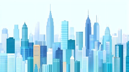 Modern Cityscape Illustration, Blue Skyscrapers, Urban Design