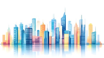 Colorful Cityscape Skyline Illustration with Reflection