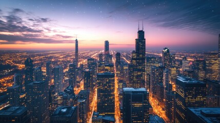 Naklejka premium A panoramic view of city lights sparkling like stars at dusk, with tall skyscrapers and a dreamy urban atmosphere.