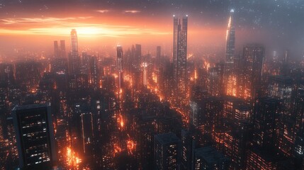 Naklejka premium A panoramic view of city lights sparkling like stars at dusk, with tall skyscrapers and a dreamy urban atmosphere.
