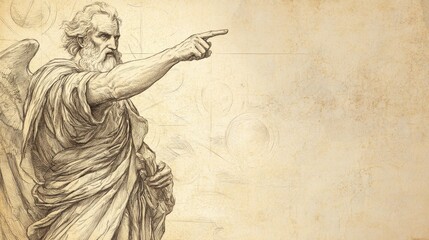 Naklejka premium Biblical Illustration of The Heavenly Court - Satan Pointing Towards Earth, Making His Case Against Job Before the Heavenly Court, Beige Background