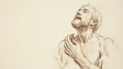 Fototapeta premium Biblical Illustration of Job’s Painful Reply - Job with a Pained Expression, Holding His Chest as He Speaks of the Agony He Feels Physically and Spiritually, Beige Background