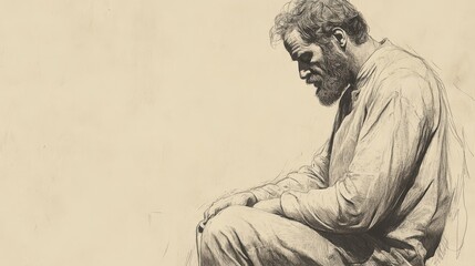 Fototapeta premium Biblical Illustration of Job Replies to His Friends - Job Sitting Alone, Reflecting on His Isolation with a Soft but Resolute Voice, Beige Background