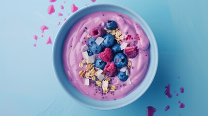 A bowl of creamy, pink smoothie topped with a colorful array of fresh blueberries, raspberries, granola, and coconut flakes.