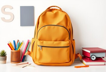 Colorful back-to-school items including a red and green backpack, books, and other school supplies on a solid background