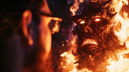 A fiery demonic face confronts a person, flames reflecting in their glasses, creating a scene of intense confrontation.