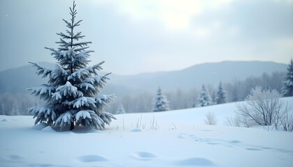 Fototapeta premium A winter forest with snow-covered pine trees, as gentle snowflakes fall softly to the ground. A picturesque landscape perfect for winter days.