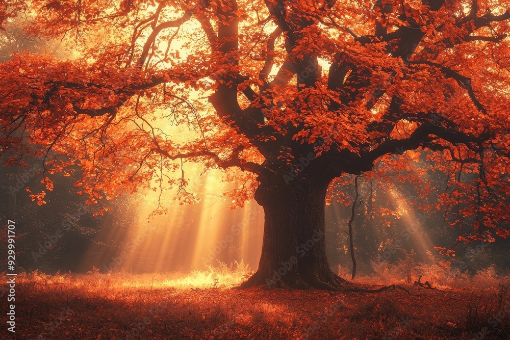 Poster in autumn, there is a magical forest with sunlight rays in the evening. trees are covered in fog. co