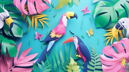 Creative paper art of a lively tropical scene with colorful parrots and butterflies among lush leafy plants on a bright blue background.