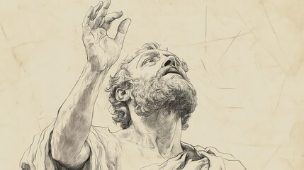 Biblical Illustration of Job Continuing His Speech - Raising His Hand Towards the Heavens, Questioning God’s Justice with a Face Filled with Pain, Beige Background