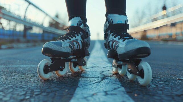 Close-up of inline skates on a cracked road, capturing the spirit of adventure and freedom as the skater navigates through urban settings.