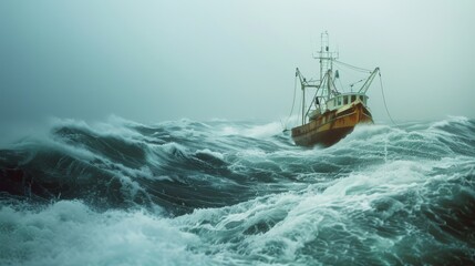 Obraz premium A fishing boat battles enormous waves under a stormy sky, showcasing the raw power of the ocean and the resilience of seafarers.