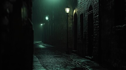 A shadowy, deserted street in the dark, with dim lights barely illuminating the surroundings, evoking a mysterious, quiet ambiance.