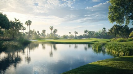 Obraz premium A serene pond at the edge of a golf course, where the calm waters and scenic backdrop create a perfect blend of relaxation and sport.