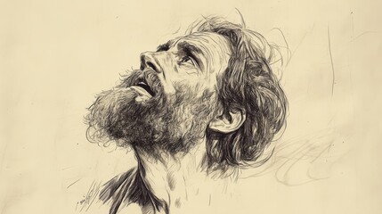 Fototapeta premium Biblical Illustration of Job’s Desire for Relief - Speaking Softly to God, Seeking Peace Amidst Relentless Suffering, Beige Background
