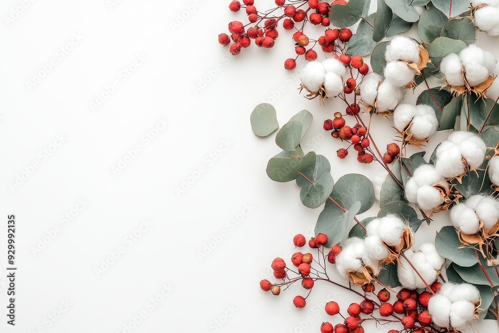 Canvas Prints A composition with branches of eucalyptus, cotton flowers, and dried leaves. Autumn, fall concept. Flat lay, top view, copy space.