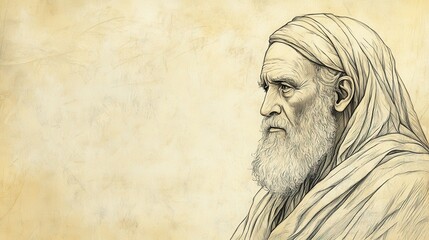 Fototapeta premium Biblical Illustration of Eliphaz Speaking - Eliphaz with a Somber Expression, Explaining the Consequences of Turning from God’s Path, Beige Background