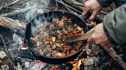 A person cooking a hearty meal in a cast-iron skillet over an open campfire, with chopped vegetables and meat creating a rustic scene.