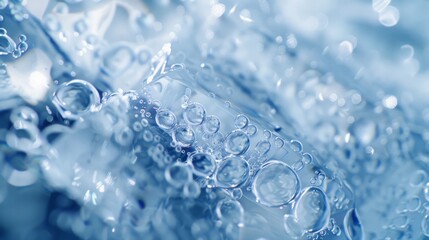 Close-up of bubbles captured in intricate detail, reflecting a serene palette of blues and whites, encapsulating a refreshing, airy essence.