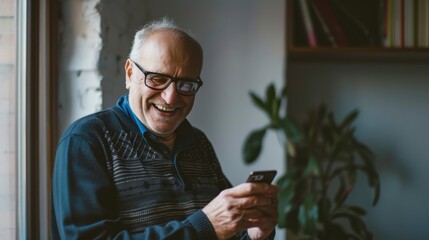 A smiling elderly man wearing glasses, engrossed in his smartphone, radiating joy and connection as he enjoys a casual moment by the window.