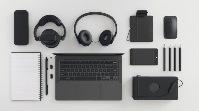 Organized flat lay of modern black tech gadgets and stationery on a white table, showcasing minimalist and streamlined aesthetics.