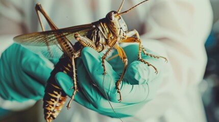 Naklejka premium A close-up of a scientist in protective gear holding a large cricket, focusing on the detailed features of the insect in a laboratory environment.