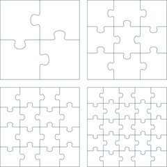 Puzzle pieces 2 x 2 , 3 x 3 , 4 x 4 and 5 x 5 vector pattern. Jigsaw square template of 4, 9, 16 and 25 pieces isolated on white background. Outline shapes of puzzle game picture.