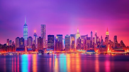A stunning shot of New York City skyline at dusk, with famous landmarks and bright lights illuminating the evening sky.