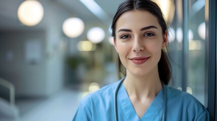Fototapeta premium A young nurse in aquamarine green scrubs stands in a softly lit hospital corridor, her genuine smile reflecting friendliness and compassion.